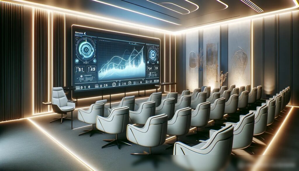 Элегантный, высокотехнологичный учебный класс с интерактивной доской, на которой отображается динамическая цифровая диаграмма - Пример 2