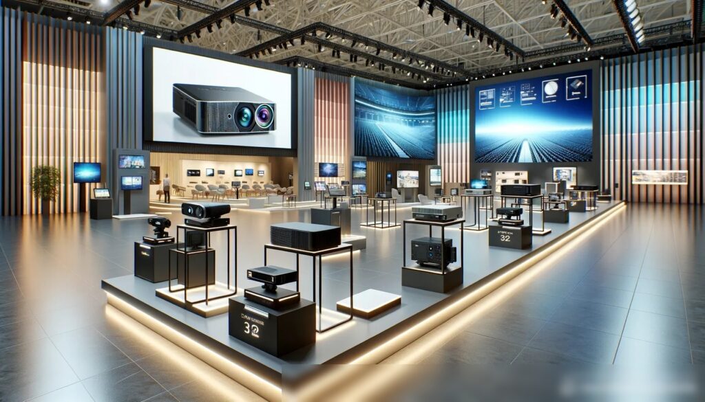 Профессиональный, хорошо освещенный выставочный зал, демонстрирующий различное оборудование для презентаций, включая проекторы, экраны и звуковые системы - Пример 2