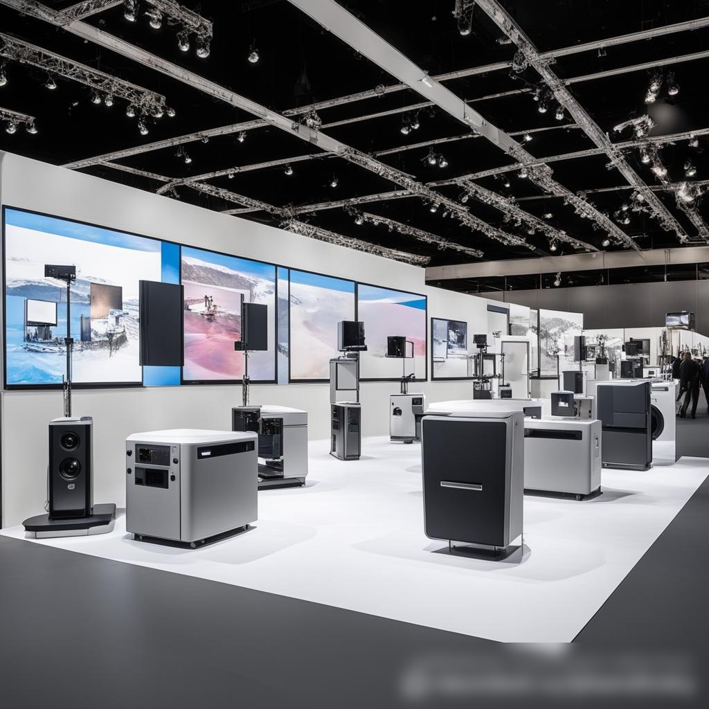 Профессиональный, хорошо освещенный выставочный зал, демонстрирующий различное оборудование для презентаций, включая проекторы, экраны и звуковые системы - Пример 3