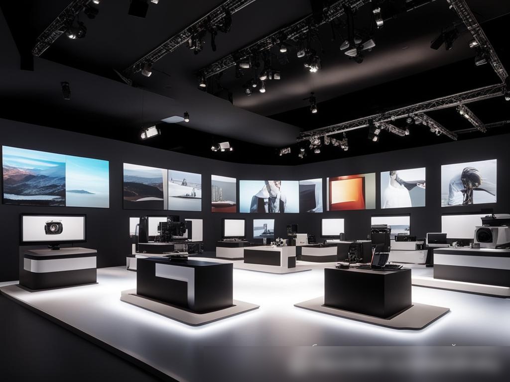 Профессиональный, хорошо освещенный выставочный зал, демонстрирующий различное оборудование для презентаций, включая проекторы, экраны и звуковые системы - Пример 4