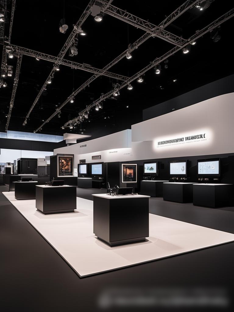 Профессиональный, хорошо освещенный выставочный зал, демонстрирующий различное оборудование для презентаций, включая проекторы, экраны и звуковые системы - Пример 5