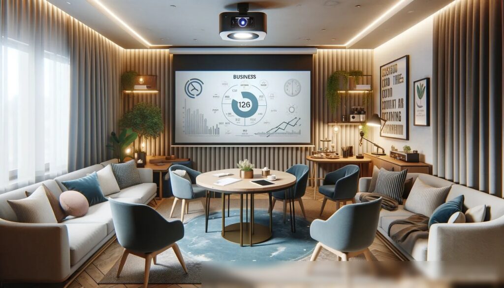 Уютная, маленькая комната для деловых встреч, оснащенная компактным проектором высокого разрешения, на котором отображается бизнес-диаграмма - Пример 2