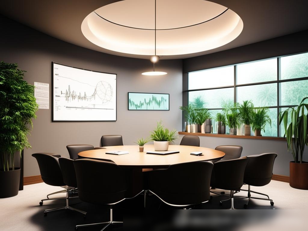 Уютная, маленькая комната для деловых встреч, оснащенная компактным проектором высокого разрешения, на котором отображается бизнес-диаграмма - Пример 4