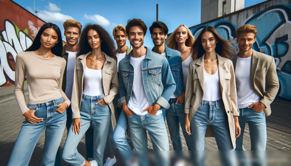 Группа разнообразных моделей разных возрастов и этнической принадлежности, одетых в повседневную одежду, на фоне городской среды с граффити и ясным голубым небом - Пример 2
