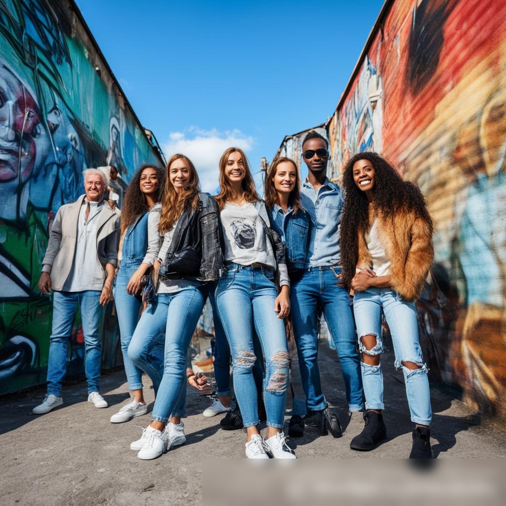 Группа разнообразных моделей разных возрастов и этнической принадлежности, одетых в повседневную одежду, на фоне городской среды с граффити и ясным голубым небом - Пример 3