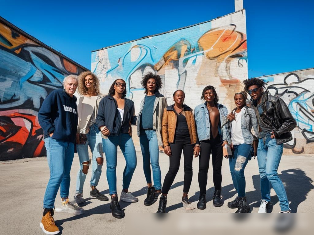 Группа разнообразных моделей разных возрастов и этнической принадлежности, одетых в повседневную одежду, на фоне городской среды с граффити и ясным голубым небом - Пример 4