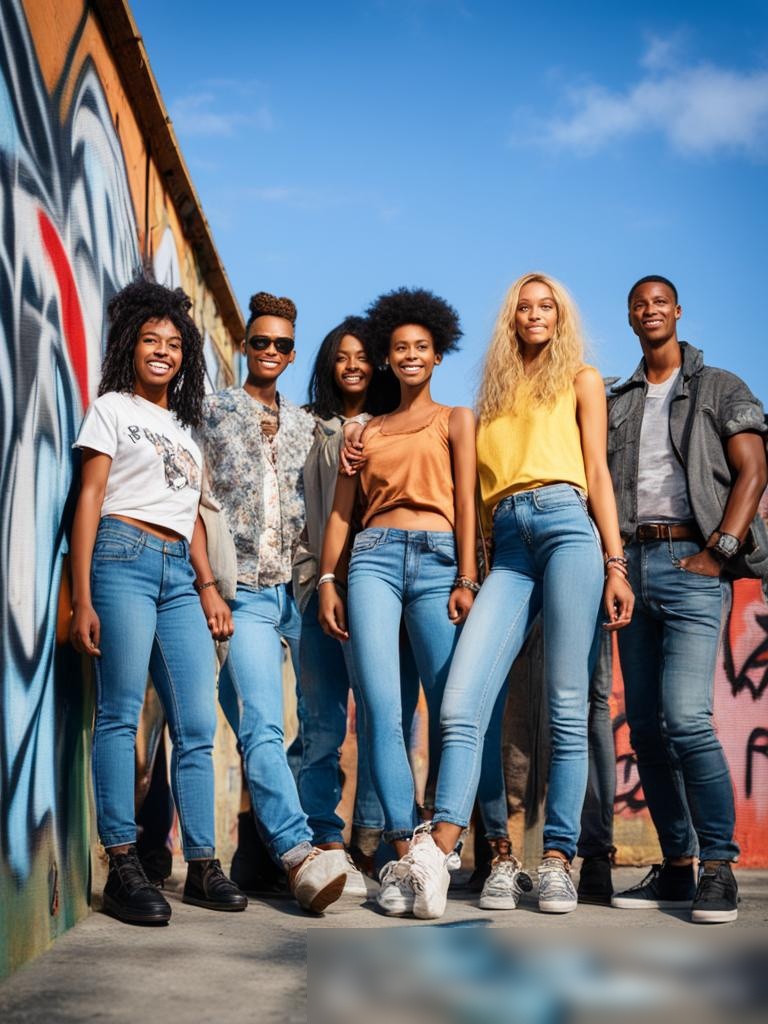 Группа разнообразных моделей разных возрастов и этнической принадлежности, одетых в повседневную одежду, на фоне городской среды с граффити и ясным голубым небом - Пример 5