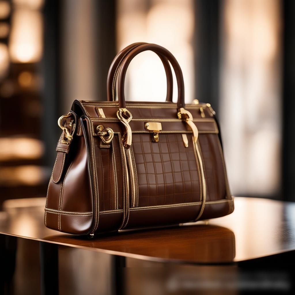 Роскошная кожаная сумка на гладком, блестящем деревянном столе, освещённая мягким естественным светом, на фоне интерьера модного бутика - Пример 3