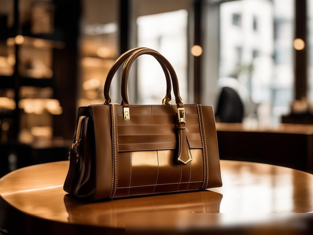 Роскошная кожаная сумка на гладком, блестящем деревянном столе, освещённая мягким естественным светом, на фоне интерьера модного бутика - Пример 4