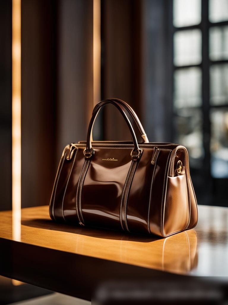 Роскошная кожаная сумка на гладком, блестящем деревянном столе, освещённая мягким естественным светом, на фоне интерьера модного бутика - Пример 5