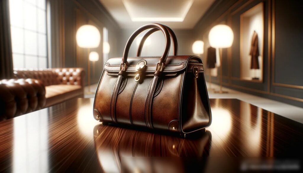 Роскошная кожаная сумка на гладком, блестящем деревянном столе, освещённая мягким естественным светом, на фоне интерьера модного бутика - Пример 1