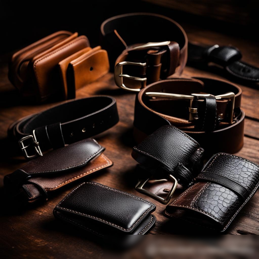 Крупный план различных кожаных аксессуаров, включая кошельки, ремни и ремешки для часов, художественно расположенных на тёмной деревянной поверхности - Пример 3