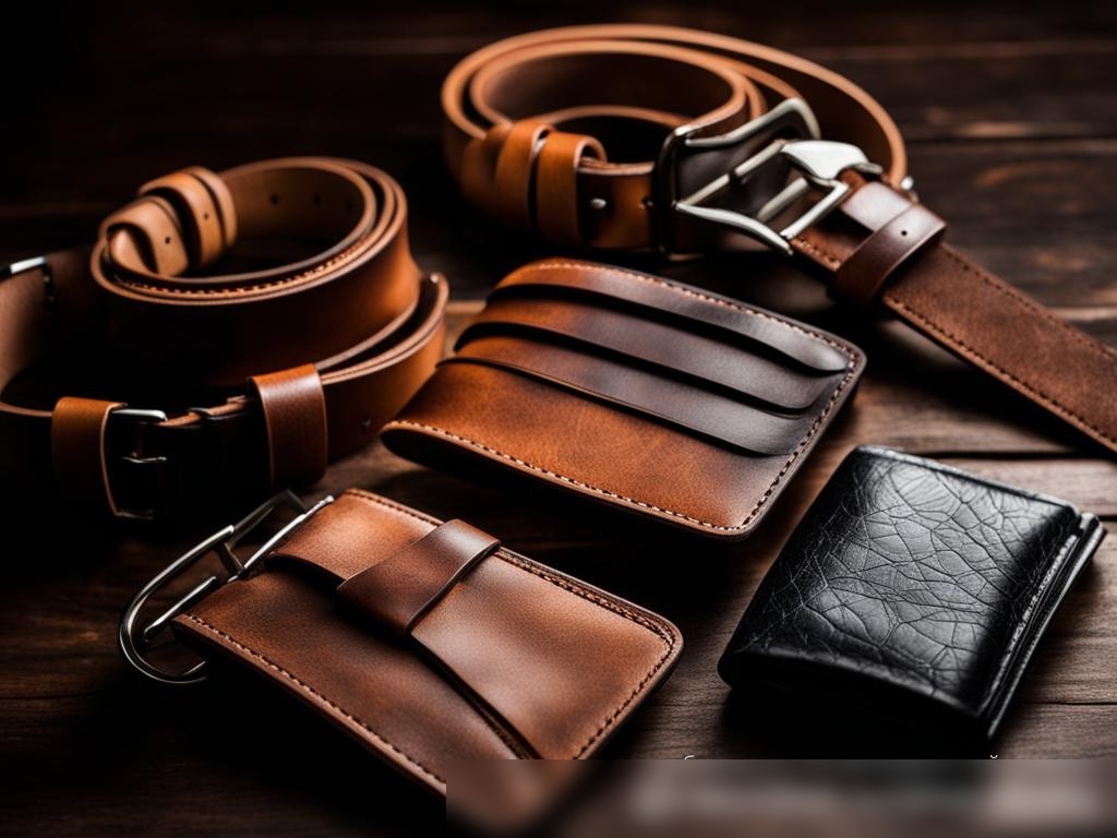 Крупный план различных кожаных аксессуаров, включая кошельки, ремни и ремешки для часов, художественно расположенных на тёмной деревянной поверхности - Пример 4
