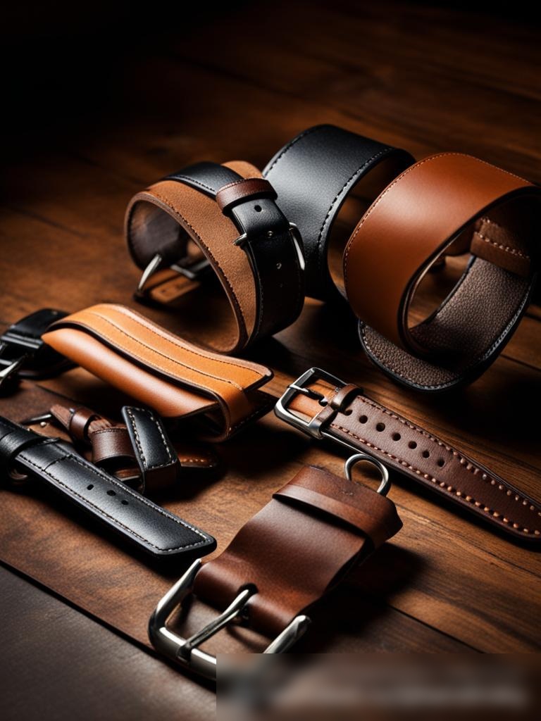 Крупный план различных кожаных аксессуаров, включая кошельки, ремни и ремешки для часов, художественно расположенных на тёмной деревянной поверхности - Пример 5
