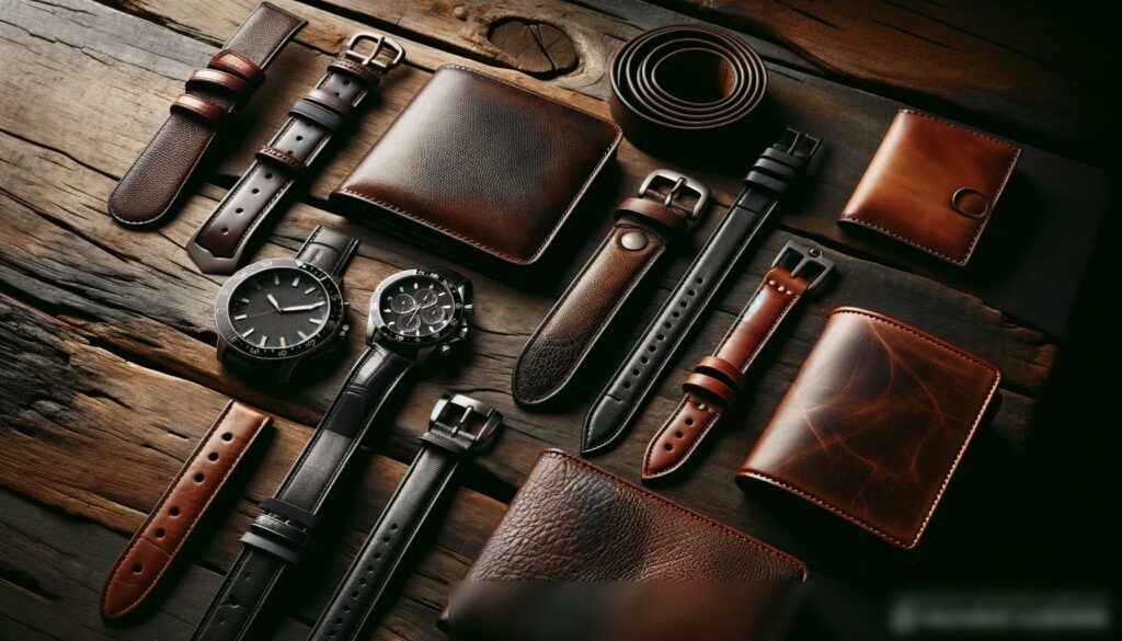 Крупный план различных кожаных аксессуаров, включая кошельки, ремни и ремешки для часов, художественно расположенных на тёмной деревянной поверхности - Пример 1