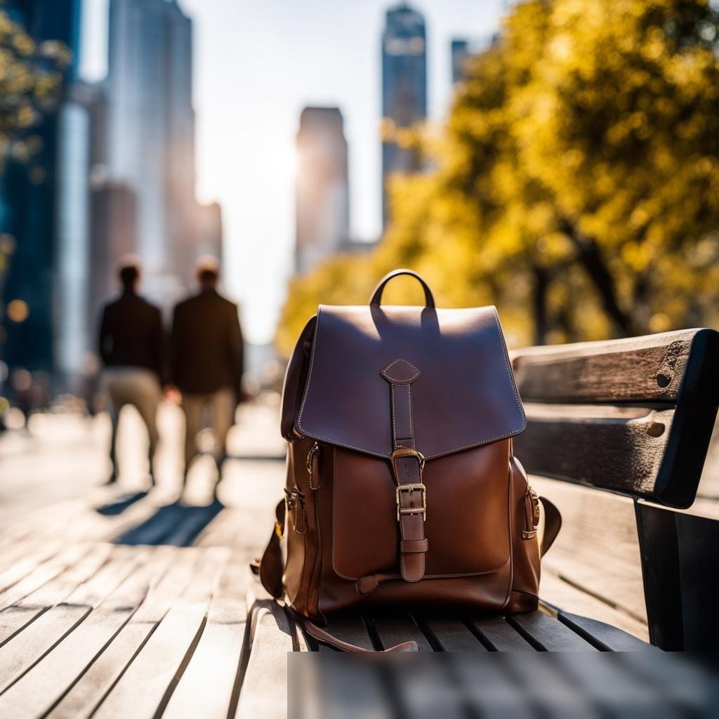 Стильный кожаный рюкзак в городской среде, расположенный на скамейке в городском парке с небоскрёбами и оживлённой городской жизнью на заднем плане - Пример 3