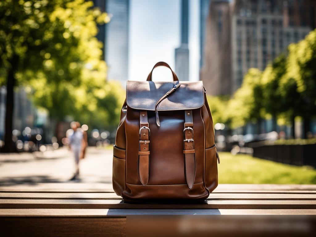 Стильный кожаный рюкзак в городской среде, расположенный на скамейке в городском парке с небоскрёбами и оживлённой городской жизнью на заднем плане - Пример 4