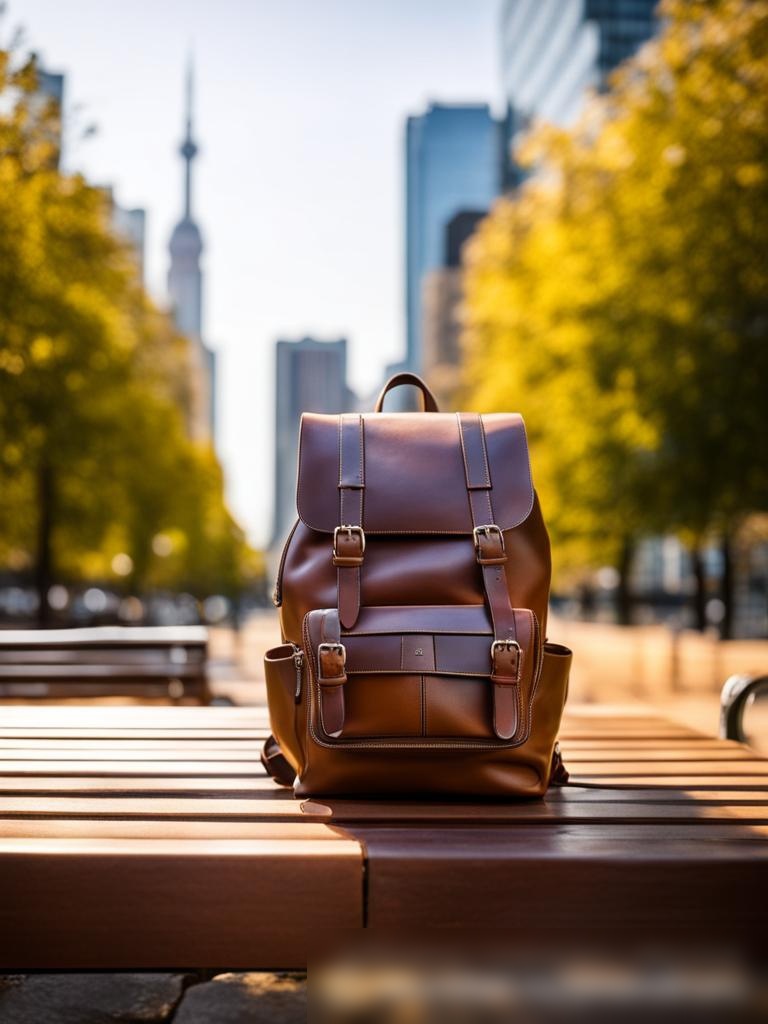 Стильный кожаный рюкзак в городской среде, расположенный на скамейке в городском парке с небоскрёбами и оживлённой городской жизнью на заднем плане - Пример 5