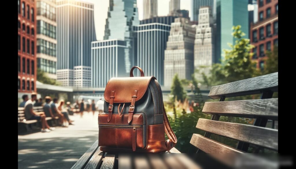 Стильный кожаный рюкзак в городской среде, расположенный на скамейке в городском парке с небоскрёбами и оживлённой городской жизнью на заднем плане - Пример 1