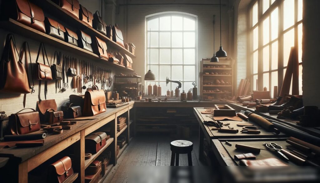 Утренняя сцена в мастерской по изготовлению кожаных изделий, зафиксировавшая спокойную атмосферу перед началом рабочего дня - Пример 2