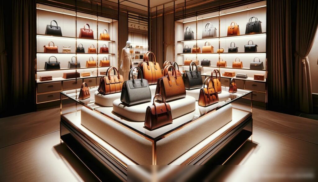 Широкоугольный снимок роскошной выставки кожаных сумок в элитном бутике - Пример 2