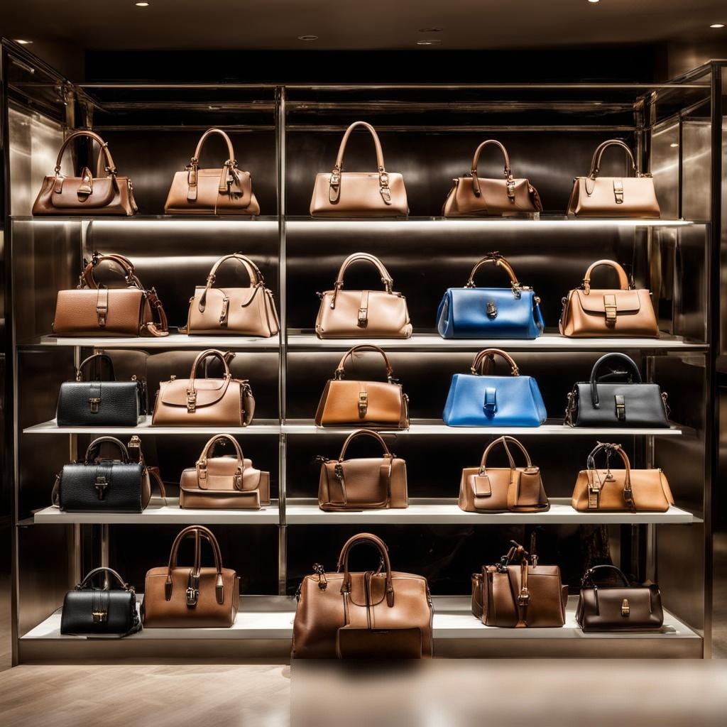 Широкоугольный снимок роскошной выставки кожаных сумок в элитном бутике - Пример 3