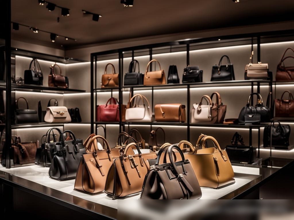 Широкоугольный снимок роскошной выставки кожаных сумок в элитном бутике - Пример 4