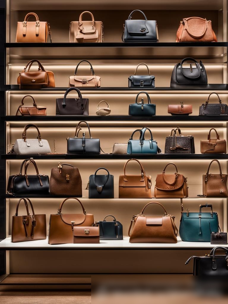 Широкоугольный снимок роскошной выставки кожаных сумок в элитном бутике - Пример 5