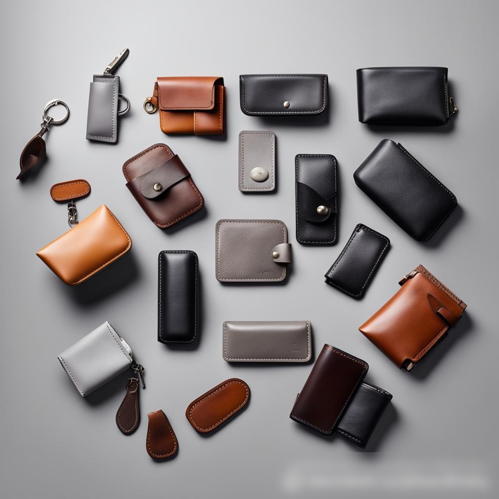 Концептуальное изображение различных мелких кожаных изделий, таких как кошельки, брелоки и кардхолдеры, парящих на нейтральном, светло-сером фоне - Пример 3