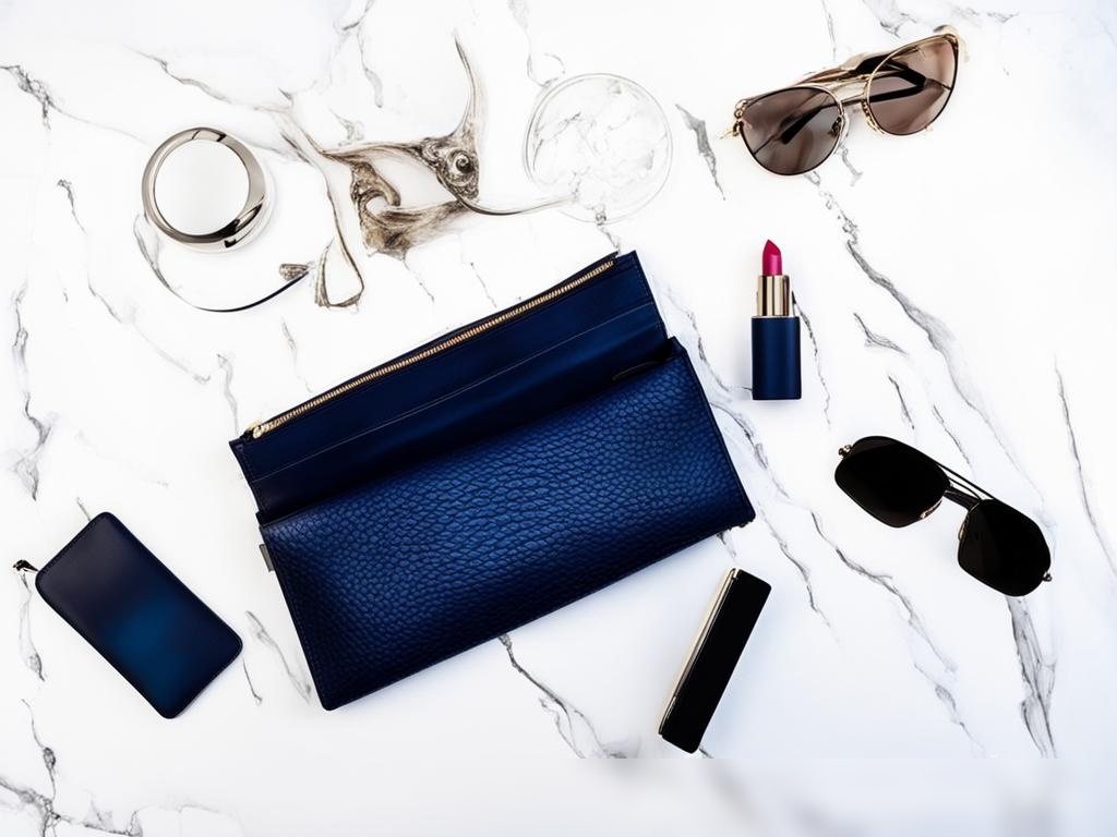 Концептуальное изображение различных мелких кожаных изделий, таких как кошельки, брелоки и кардхолдеры, парящих на нейтральном, светло-сером фоне - Пример 4