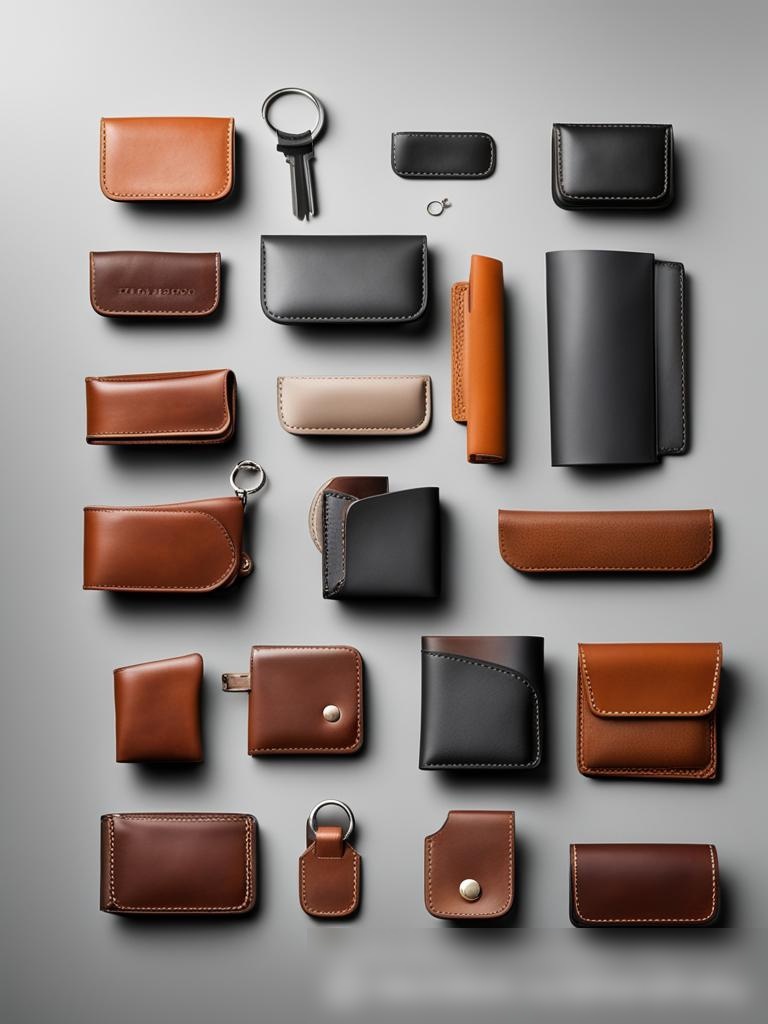 Концептуальное изображение различных мелких кожаных изделий, таких как кошельки, брелоки и кардхолдеры, парящих на нейтральном, светло-сером фоне - Пример 5