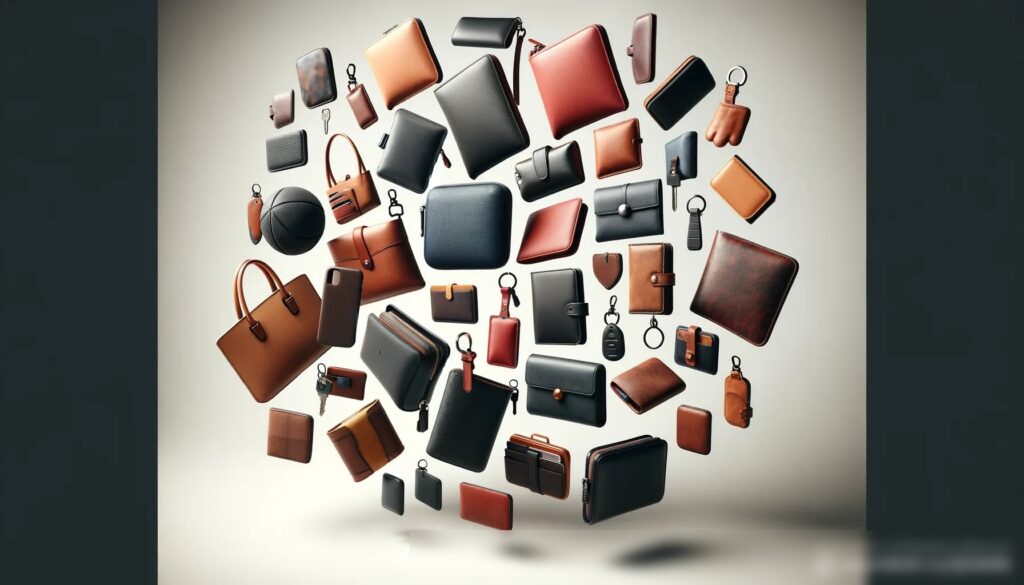 Концептуальное изображение различных мелких кожаных изделий, таких как кошельки, брелоки и кардхолдеры, парящих на нейтральном, светло-сером фоне - Пример 1