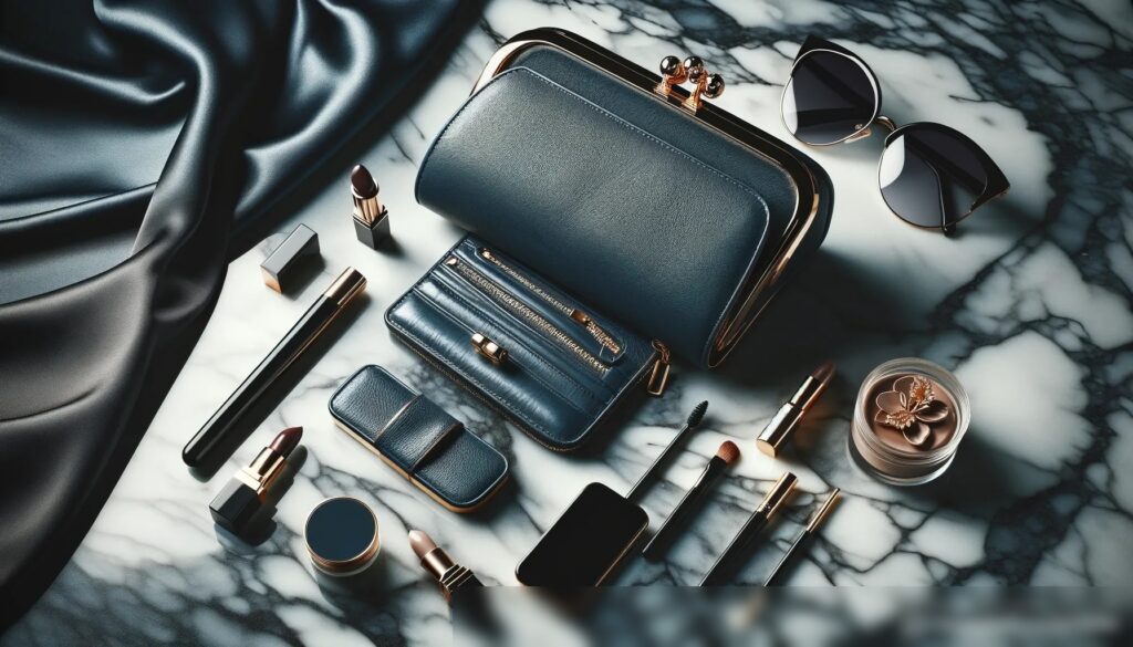 Элегантная сцена с женским кожаным клатчем и аксессуарами на полированной мраморной поверхности - Пример 2