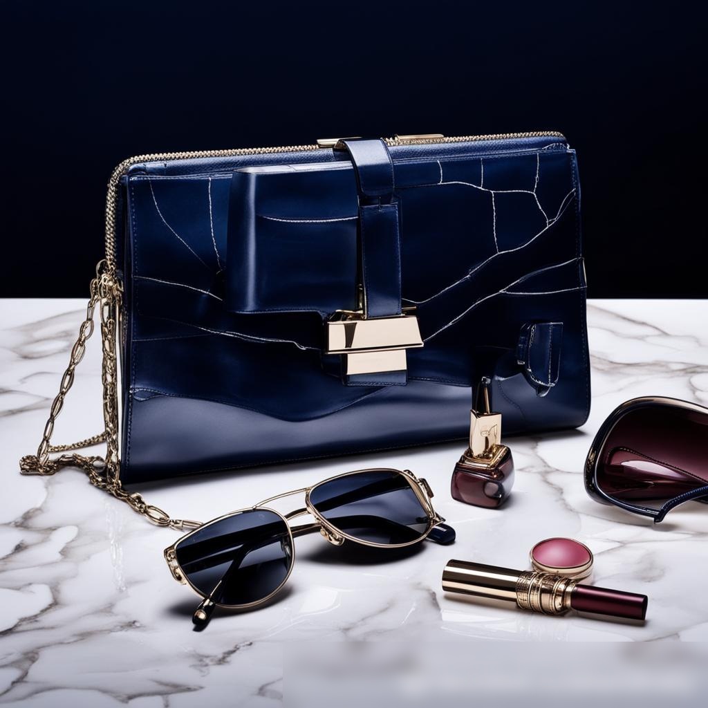 Элегантная сцена с женским кожаным клатчем и аксессуарами на полированной мраморной поверхности - Пример 3