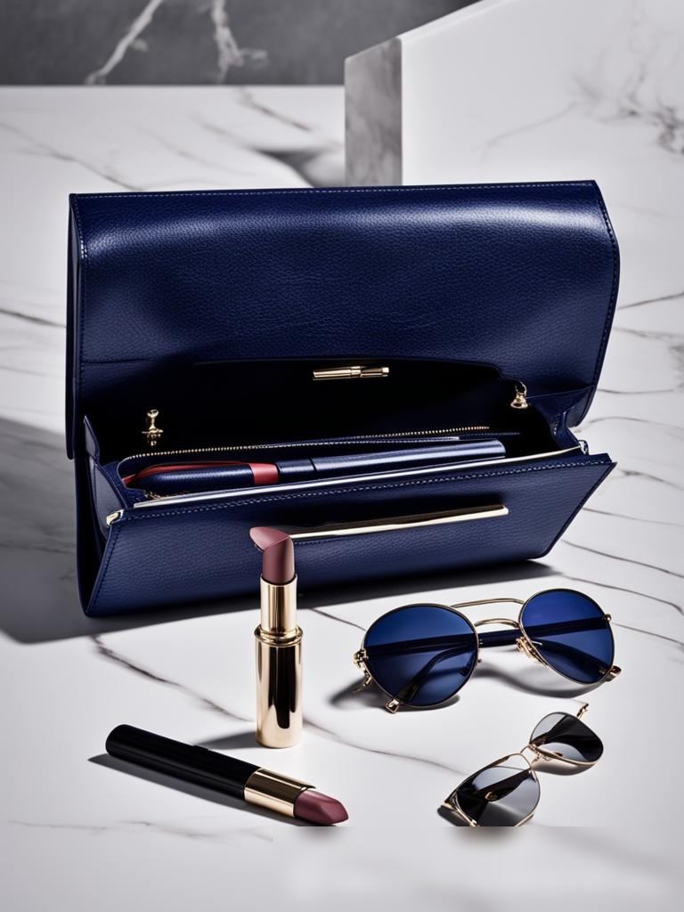 Элегантная сцена с женским кожаным клатчем и аксессуарами на полированной мраморной поверхности - Пример 5