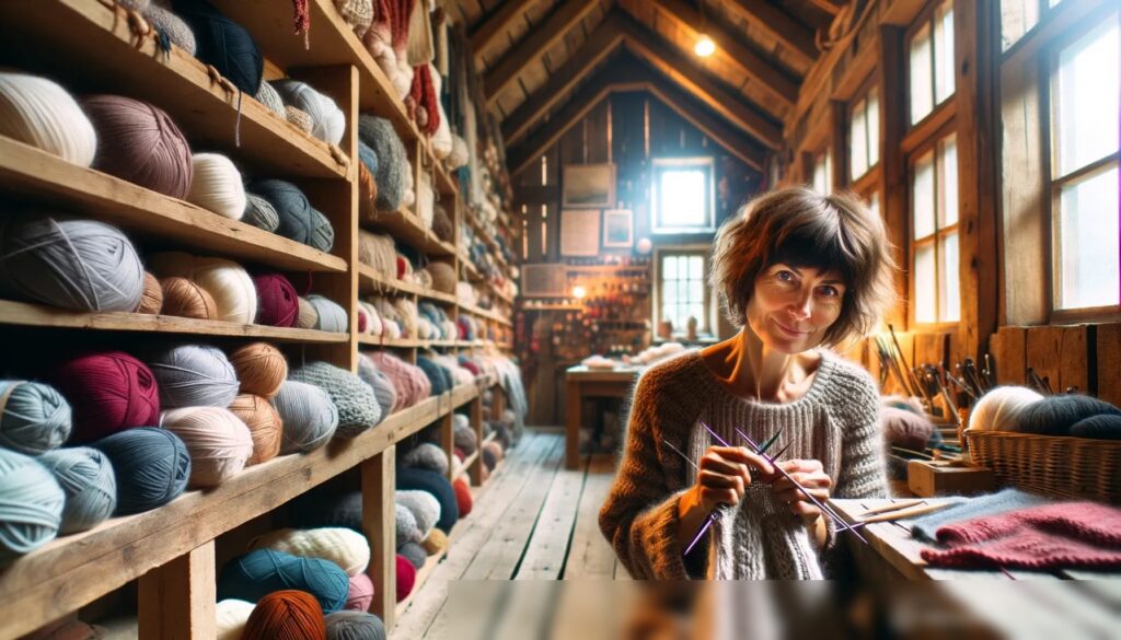 Широкоугольный вид на уютную мастерскую с деревянными стенами и естественным светом, где среднего возраста европейская женщина с короткими каштановыми волосами вяжет шерстяной свитер - Пример 1