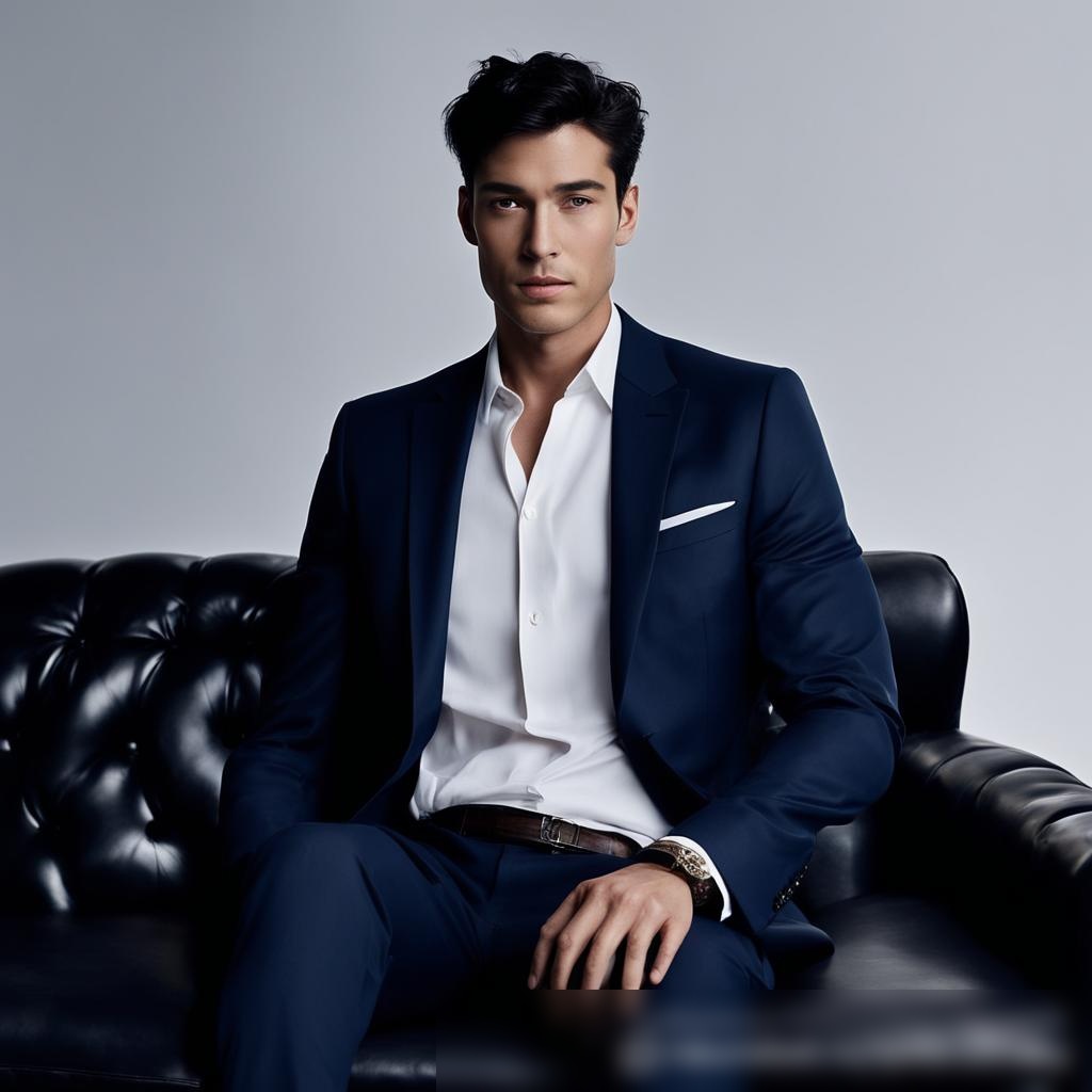 Мужчина в синем костюме на винтажном кожаном диване - Пример 3