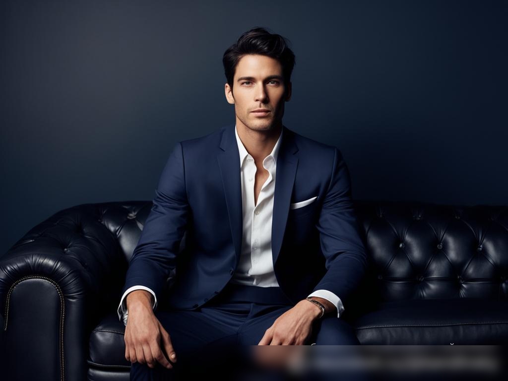 Мужчина в синем костюме на винтажном кожаном диване - Пример 4