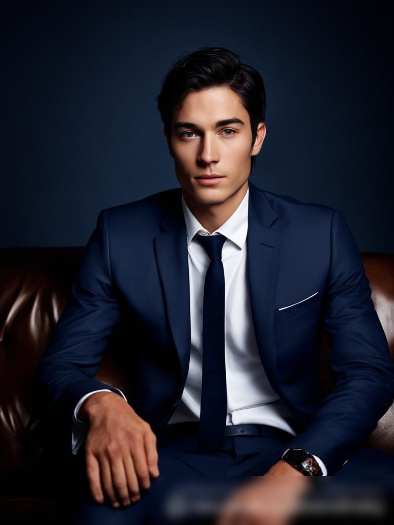 Мужчина в синем костюме на винтажном кожаном диване - Пример 5