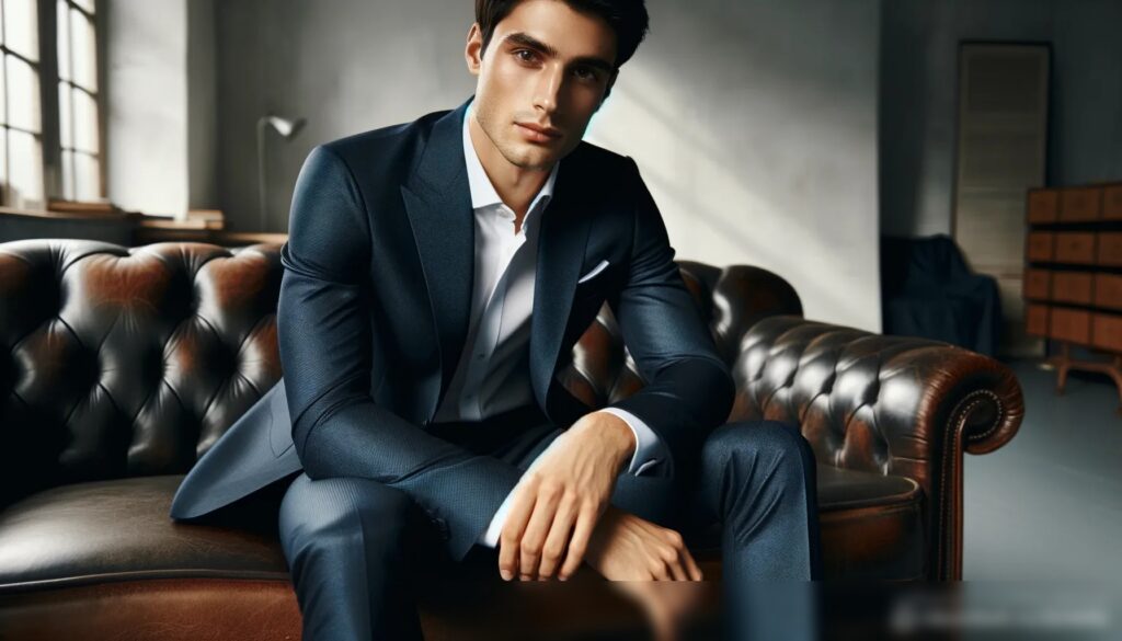 Мужчина в синем костюме на винтажном кожаном диване - Пример 1
