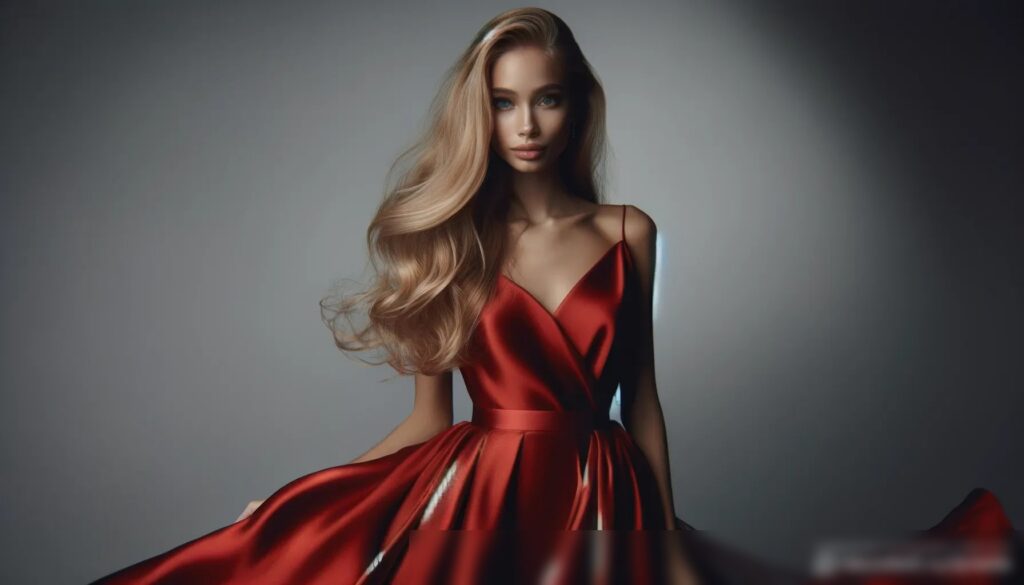 Элегантная женщина в красном шелковом вечернем платье - Пример 1