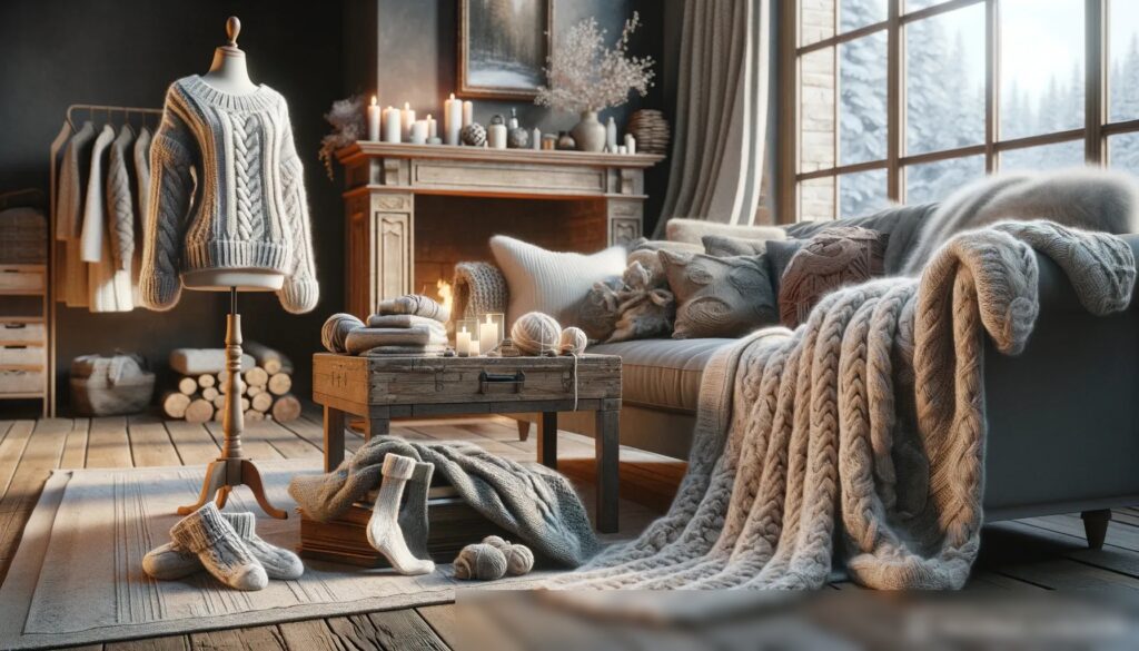 Просмотреть изображение уютной гостиной зимой с разнообразными вязаными товарами - Пример 2