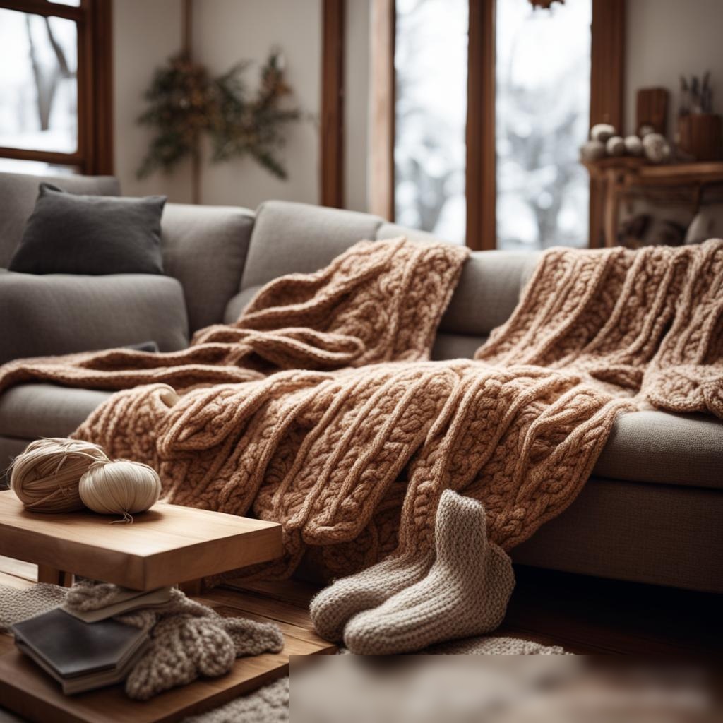 Просмотреть изображение уютной гостиной зимой с разнообразными вязаными товарами - Пример 3