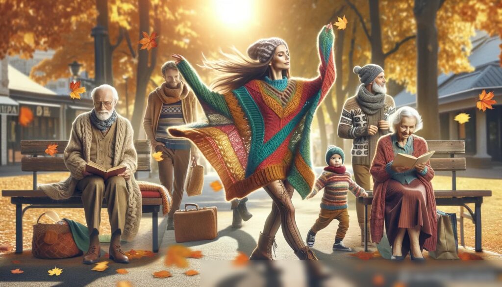 Просмотреть изображение людей в парке осенью, в вязаной одежде - Пример 1