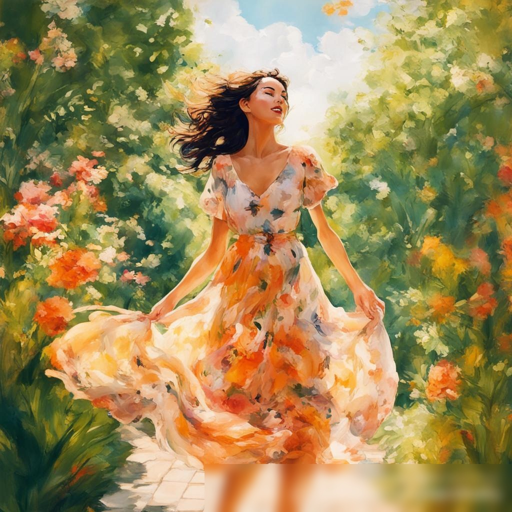 Яркая солнечная сцена в пышном саду с молодой женщиной в цветочном платье - Пример 3