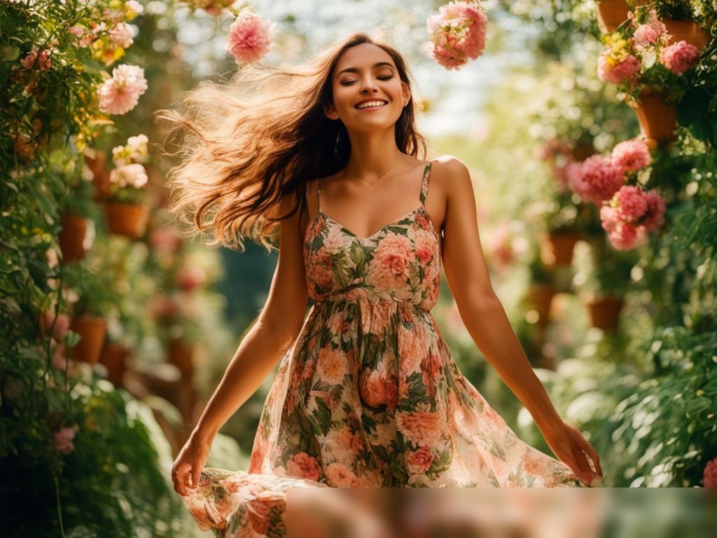 Яркая солнечная сцена в пышном саду с молодой женщиной в цветочном платье - Пример 4