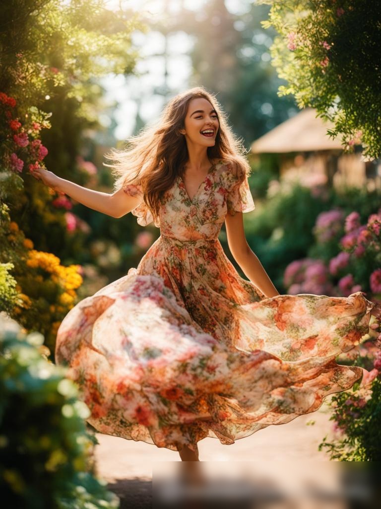 Яркая солнечная сцена в пышном саду с молодой женщиной в цветочном платье - Пример 5
