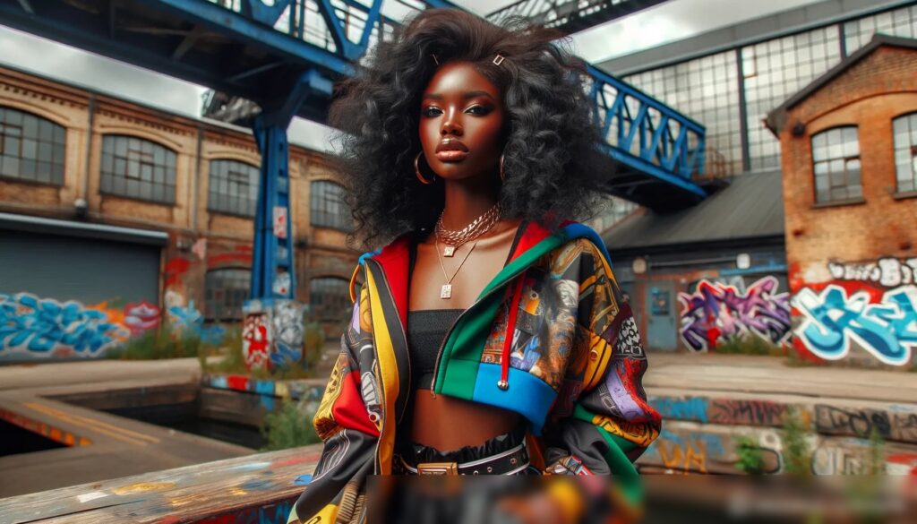 Городская сцена с модной молодой женщиной в уличном стиле на фоне граффити - Пример 2