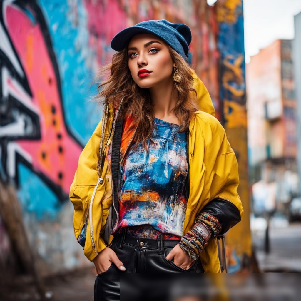 Городская сцена с модной молодой женщиной в уличном стиле на фоне граффити - Пример 3
