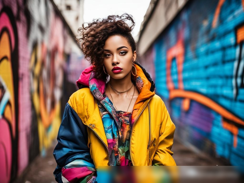Городская сцена с модной молодой женщиной в уличном стиле на фоне граффити - Пример 4